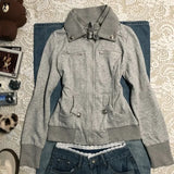 KYLETHOMASW  -  Harajuku Vintage Gray Sweatshirt Women Early Autumn New Long Sleeve Jackets Y2k Streetwear Punk Stand Collar Coat