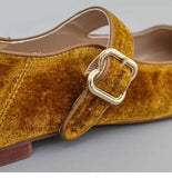 KYLETHOMASW  -  Designer Women Velvet Mary Janes Belt Strap Shoes Ladies Square Toe Flats Ballerina Dress Barefoot Loafers Brides Ballets Femmes