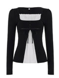 KYLETHOMASW  -  French Sweet Patchwork Contrast Color Fake Two Piece Slim Square Collar Long Sleeve Slim T-Shirts