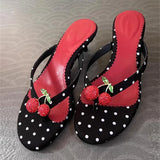 KYLETHOMASW  -  Bohemian Style Polka Dot Round Toe Thin Low Heels Slippers Women Mules Slides Shoes Crystal Rhinestone Sandals Flip Flops