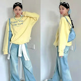 KYLETHOMASW  -  Women Yellow O Neck Long Sleeve Sweatshirt Loose Lazy Casual Classic Simple Top Vintage American Streetwear Harajuku Y2K Hoodie