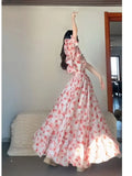 KYLETHOMASW  -  Summer Niche French Pink Floral Off-shoulder Dress Atmosphere Sense Vacation Style Tea Break Long Skirt Princess Dress