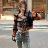 Kylethomasw Striped Knitted Two Piece Sets Sweet Bow Lace Up Long Sleeve Cardigan Coat+ Autumn Winter New Slim Fit Bodycon Strap Dresses