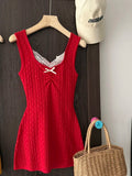 KYLETHOMASW  -  French Style Knit Cami Dress with Lace V-Neck Bow Detail Bodycon Mini Dress
