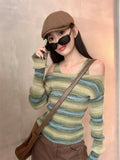 Kylethomasw Harajuku Knitted Jumper Women Striped Long Sleeve Autumn Winter Slash Neck Sweater Korean Slim Pullover Gyaru Grunge Clubwear