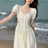 KYLETHOMASW  -  Women Summer Vintage Sweet Chic High Waist Elegant Party Dresses Fairy Solid Short Sleeve Slim Lace-up Beach Maxi Dress Vestidos