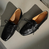 KYLETHOMASW  -  Women's genuine leather patchwork square toe lace-up flats loafers high quality soft comfortable casual female daily shoes woman