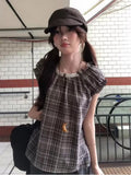 KYLETHOMASW  -  Korean Retro Plaid Top Shirt Women Summer New Round Neck Patchwork Lace Bubble Sleeve Blouse Clothing
