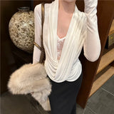 Kylethomasw Korean Lace Splicing See-through White Long-sleeved T-shirt Women Spring New Streetwear Pleated Sexy Slim All Match Tops