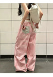 KYLETHOMASW  -  American Retro Plaid Patchwork Pocket Casual Pants Women Summer Loose Versatile Straight Leg Wide Leg Pants Lazy Style Long Pant