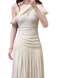 KYLETHOMASW  -  Elegant White One-Shoulder Dress Women's Summer New Beach Vacation High Waist Long Dress French Style Short Sleeve City