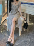 KYLETHOMASW  -  Women Stylish Vintage Ruffle Lace-up Sexy Slit Fairy Midi Dress Casual Sweet Chic Solid Short Sleeve Slim Party Dresses Vestidos