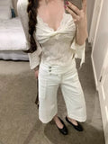 KYLETHOMASW  -  Daily Pockets Flare Calf Length Casual Pants Women Summer Vintage Luxury Low Waist Office Work Cropped Trousers Street Wear 954A