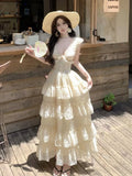 KYLETHOMASW  -  France Warm Temperament Minimal Elegant V-neck Summer Dress Women's Designer Sweet Fashion New A-line Long Cake Dresses Outfits