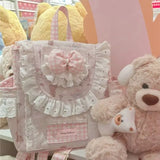 KYLETHOMASW  -  Sweet Cute Pink Lolita Girl Backpack Women Bow Lace Patchwork Large Capacity Daypack Ladies Korean Cartoon Print Mochilas Mujer