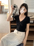 Kylethomasw Elegant Lace Tops for Girls Y2k Bow V-neck Short Sleeve T-shirts Women Korean Fashion Summer Kawaii Cutecore Tights Tees