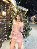 KYLETHOMASW  -  Korean Sweet Sexy Slim 2 Piece Skirt Suits Female Fairy Bodycon Faux Fur T Shirt＋High Waist Lace Tight Skirt Autumn Skirt Sets