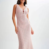 KYLETHOMASW  -  Solid Color Hollow Knitted Beach Vacation Dress Elegant Sleeveless Skinny Cover-up Dress Women Sexy Perspective Swimwear Dress