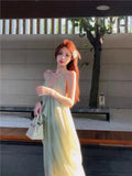 KYLETHOMASW  -  Sexy Backless Strapless Long Dress Women's Summer Vacation Green Loose A-Line Skirt Polyester V-Neck Sleeveless Casual Gown