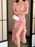 KIylethomasw Women Pink Floral Print Ruffles Split Dress Summer Short Sleeve Vintage High Waist Holiday Evening Party Korean Dresses