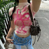 KYLETHOMASW  -  American Printed Graffiti Short Sleeved T-shirt Summer New Style Spicy Girl High Neck Slimming Design Pleated Top