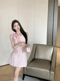 KYLTHOMASW  -  Sweet Hot Girl Pure Sexy Bow Sleeveless Dress Women's Summer Tweed Slim Fit Wrap Hip Short Dress Fashion Female Clothes