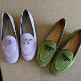 KYLETHOMASW  -  Women Suede Loafers shoes with Genuine Leather Bow Decoration Flat Shoes Comfortable Shallow Mouth Women Shoes Fashionable