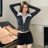 Kylethomasw Polo Collar Contrast Color Patchwork Sexy Long-sleeved Shirt Women Autumn New High Street Multi-button Casual Crop Tops