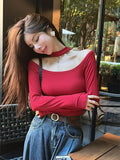 Kylethomasw   -  New Women's Autumn Off Shoulder Purple Long Sleeve T-shirt Off Shoulder Short Sexy Top