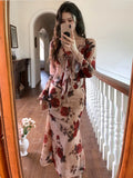 KYLETHOMASW  -  Women Vacation Clothes Sweet Floral Print 2 Piece Outfit Sexy Sling Slim Dress And Ruffled Tops Coat Set Suits Casual Autumn New