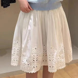 KYLETHOMASW  -  Korean Style Fashion Vintage Elegant Cutout Embroidered White A-Line Midi Skirt Summer Sweet Kawaii Ruffle Mini Skirts for Women