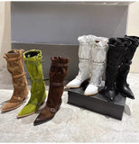 KYLETHOMASW  -  Vintage Pleated Belt Buckle Faux Suede Women Knee High Boots Autumn Winter Fashion High heels Western Cowboy Knight Boots Shoes