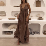 KYLETHOMASW  -  Summer New Suspender Deep V Strap Ruffle Edge High Waist Solid Color Dress