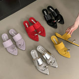 KYLETHOMASW  -  Luxury Fashion Metal Ladies Wedges Slippers Slides Female Sandals Flip flops Pointed Toe Women Heeled Slippers Wedges Shoes