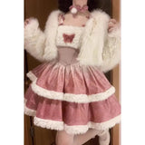 KYLETHOMASW  -  Plush Short Coat Waist Cinched A-line Puffy Lolita Dress Sweet Bow Gradient Mini Camisole Dress Set Two Piece Set Women Outfits