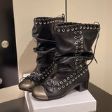 KYLETHOMASW  -  Vintage Thick Heel Women Knight Boots Fashion Ladies Metal Buckle Pleated Motorcycle Mid Calf Booties