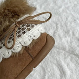KYLETHOMASW  -  Sweet Lace Decoration Furry Suede Snow Boots Women 2025 Winter Thick Bottom Fluffy Fur Ankle Boots Warm Plush Designer Shoes