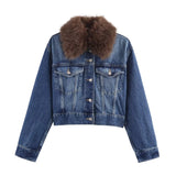 KYLETHOMASW  -  Dark Wash Denim Jacket with Removable Faux Fur Collar Women Cropped Long Sleeve Casual Y2K Korean Fashion Cowboy Coat