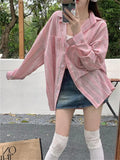 KYLETHOMASW  -  Pink Shirts Stripes All Match Streetwear Women Spring Lazy Style Chic Loose Fashion New Office Lady Casual