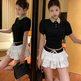 KYLTHOMASW  -  2024 Summer New High Waist Contrast Color Patchwork Pleated A-line Skirt Women + Letter Printed Casual T-Shirt Two-piece Suit