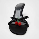 KYLETHOMASW  -  Cherry Decorate Black Slingback Stilettos Women Round Head Open Toe High Heel Slippers Sexy Pump Sandals Shoe For Woman ﻿