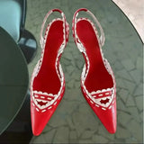 KYLETHOMASW  -  Red White Two-Tone Pointed Toe Slingback Heels Intricate Braided Trim Stiletto Heel Hollow Design Elegant Footwear for Lady