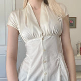 KYLETHOMASW  -  French Retro Satin A-line Shirt Chic Fashion Slimming Short Sleeve V-neck Blouses Office Ladies Elegant Top All-match