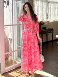KYLETHOMASW  -  Women Clothes Chiffon Floral Print Outfits Elegant V-Neck Cropped Tops Shirt Blouse And A-Line Long Skirt Mujer 2 Pieces Set New