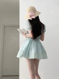 KYLETHOMASW  -  Women Clothing Dress Summer New French Elegant Style High-end Designed Niche Temperature Mint Green V-neck Puff Sleeve Dress