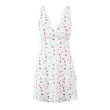 KYLETHOMASW  -  Sexy White With Red Cherry Print V neck Mini Tank Dress Women Slim Waist A-Lined Sleeveless Short Robe Holiday