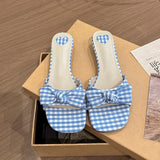 KYLETHOMASW  -  Summer Plaid Satin Bow Knot Women Slippers Concise Square Toe Lightweight Slip On Slides Outdoor Daily Walking Vacation Shoes