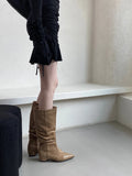 KYLETHOMASW  -  Brown Brand Women Long Boots Fashion Pointed Toe Slip On Ladies Elegant Knee-high Boots Square heel Outdoor Dress Pumps
