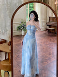 KYLETHOMASW  -  Holiday Beach Vintage Printed Backless Long Blue Dress Women Summer Spaghetti Strap Elegant Fairy Dress Evening Party Dresses