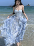 KYLETHOMASW  -  New Summer Long Dresses for Women Spaghetti Strap Korean Chic A-Line Ruffles Beach Style Party Dress One Piece Vestido Mujer